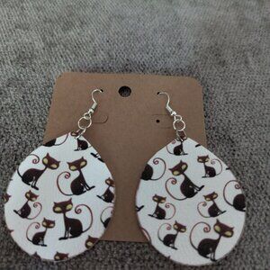 Selling Women's BLACK CAT PRINT FAUX LEATHER TEARDROP EARRINGS